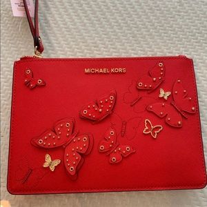 NWT Butterflies Michael Kors red pouch Wristlet